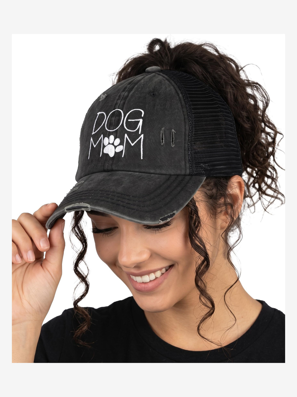 Criss Cross Ponytail Cap, Messy Bun Distressed Baseball Hat | Black | Size OS